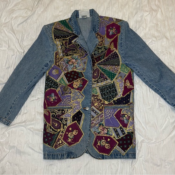 Vintage Jackets & Blazers - Vintage Jordache Grandma Embellished Glitter Denim Jacket